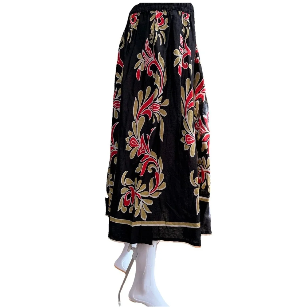 J‎ Gee  Maxi Skirt Lace Boho floral batik midi flare skirt elastic waist SZ-M